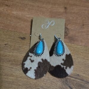 Plunder Teardrop Earrings with Turquoise and Cowhide Pattern